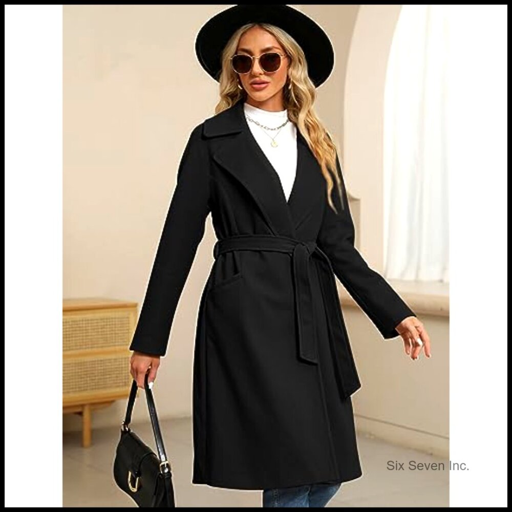 Long Wool Blend Pea Coat with Belt Notched Lapel Collar Winter Overcoat - Picture 4 of 7